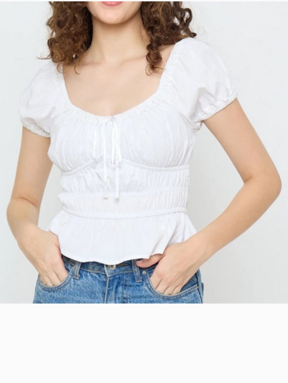 White Poplin Shirred Puff Sleeve womens Top, NWT, L
